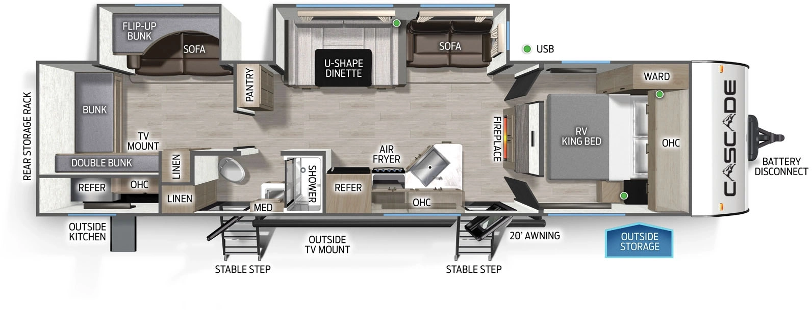 The Cascade 301BHC floorplan has two entries and two slide outs. Exterior features include: fiberglass exterior, 20' awning and outside kitchen. Interiors features include: bunk beds, u-dinette and front bedroom.